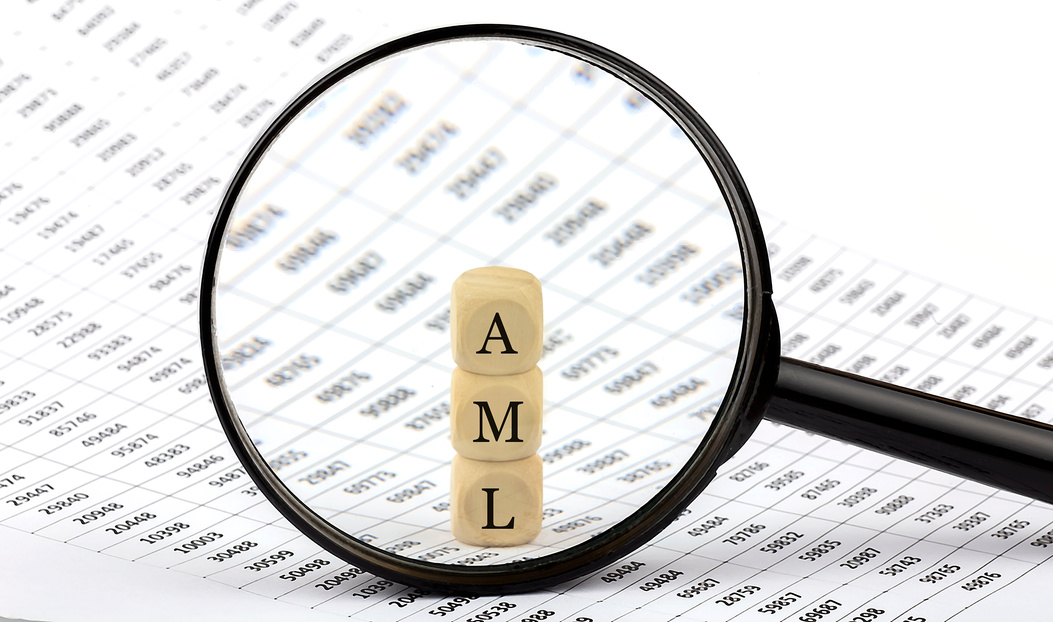 AML wooden cubes on chart background , look through a magnifier